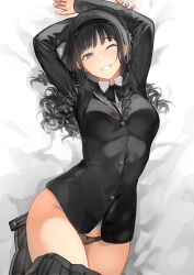 Rule 34 | 1girl, ;), amagami, arms up, bed sheet, black hair, black jacket, black panties, black skirt, blazer, blue eyes, breasts, buttons, collared shirt, curly hair, hairband, highres, jacket, kibito high school uniform, large breasts, long hair, looking at viewer, lying, morishima haruka, on back, one eye closed, open clothes, open skirt, panties, school uniform, serizawa (serizawaroom), shirt, skirt, smile, solo, underwear, white shirt