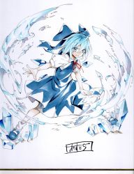 Rule 34 | 1girl, asutora, blue bow, blue dress, blue eyes, blue footwear, blue hair, bow, cirno, closed mouth, collared shirt, commentary request, dated, dress, hair between eyes, hair bow, ice, legs apart, looking at viewer, neck ribbon, puffy short sleeves, puffy sleeves, red ribbon, ribbon, shirt, shoes, short sleeves, signature, smile, socks, solo, standing, touhou, white shirt, white socks, wing collar, wings