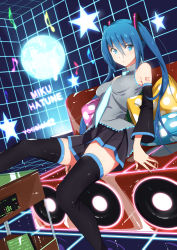 Rule 34 | 1girl, bad id, blue eyes, blue hair, character name, copyright name, detached sleeves, domo1220, hatsune miku, highres, long hair, looking at viewer, matching hair/eyes, musical note, necktie, quaver, sitting, skirt, solo, speaker, star (symbol), tattoo, thighhighs, twintails, very long hair, vocaloid