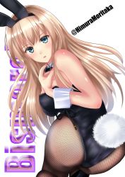 Rule 34 | 1girl, absurdres, alternate costume, animal ears, ass, bare shoulders, bismarck (kancolle), black bow, black bowtie, black footwear, black leotard, blonde hair, blue eyes, bow, bowtie, breasts, character name, detached collar, fake animal ears, fake tail, fishnet pantyhose, fishnets, from behind, highres, himura moritaka, kantai collection, leotard, long hair, looking at viewer, looking back, medium breasts, open mouth, pantyhose, playboy bunny, simple background, solo, tail, twitter username, very long hair, white background, wrist cuffs