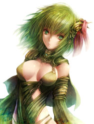 Rule 34 | 1990s (style), 1girl, aged up, breasts, capelet, cleavage, final fantasy, final fantasy iv, green eyes, green hair, hair ornament, kara (color), matching hair/eyes, retro artstyle, rydia (ff4), simple background, solo