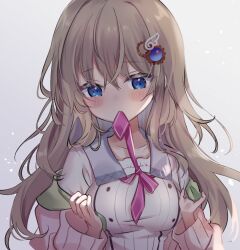 Rule 34 | 1girl, 9-nine-, blue eyes, blush, breasts, cleavage, collar, commentary, eyelashes, eyes visible through hair, gear hair ornament, grey background, grey collar, hair between eyes, hair over shoulder, hands up, highres, jacket, kujou miyako, large breasts, light brown hair, long hair, looking down, mouth hold, off shoulder, open clothes, open jacket, opened by self, pink jacket, pink ribbon, ribbon, ribbon in mouth, school uniform, shirt, shy, sidelocks, simple background, solo, undressing, upper body, very long hair, wavy hair, white shirt, wing hair ornament, yutori z71