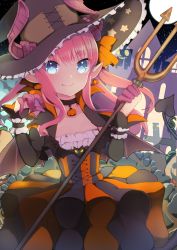 Rule 34 | 1girl, ameshizuku natsuki, bat wings, black choker, black hat, blue eyes, blush, brown wings, choker, closed mouth, commentary request, curled horns, dragon girl, dragon horns, dress, earrings, elizabeth bathory (fate), elizabeth bathory (halloween caster) (fate), fang, fang out, fate/grand order, fate (series), fence, food-themed earrings, food themed earrings, frilled hat, frills, full moon, hair between eyes, halloween, hat, holding, horns, horns through headwear, jewelry, long hair, long sleeves, looking at viewer, moon, night, night sky, outdoors, pink hair, pointy ears, polearm, pumpkin earrings, sky, smile, solo, star (sky), star (symbol), star print, starry sky, striped clothes, striped dress, trident, vertical-striped clothes, vertical-striped dress, very long hair, weapon, wings, witch hat