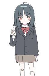 Rule 34 | 1girl, bandaid, bandaid on knee, bandaid on leg, bent v, black hair, black jacket, blazer, blush stickers, bow, bowtie, bright pupils, brown eyes, brown skirt, closed mouth, collared shirt, expressionless, feet out of frame, half-closed eyes, hand up, highres, jacket, kneehighs, long hair, long sleeves, looking at viewer, original, pleated skirt, raised eyebrows, red bow, red bowtie, school uniform, shirt, simple background, skirt, socks, solo, standing, straight-on, what a, white background, white pupils, white shirt
