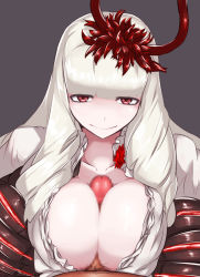 Rule 34 | 10s, 1girl, abyssal ship, bad id, bad pixiv id, between breasts, blunt bangs, breasts, breasts squeezed together, censored, collarbone, colored skin, dress, flower, grey background, hair ornament, highres, horns, kantai collection, large breasts, long hair, looking at viewer, lycoris princess, mosaic censoring, onboro (clunker), paizuri, penis, pov, red eyes, simple background, solo focus, white hair, white skin