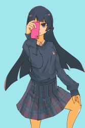 1girl absurdres black_hair black_sweater blue_background braid cellphone closed_mouth collared_shirt commentary_request hair_ornament hairclip hand_up highres holding holding_phone long_hair looking_at_viewer nijisanji phone plaid_clothes plaid_skirt purple_eyes school_uniform shirt simple_background skirt solo sweater tsukino_mito very_long_hair virtual_youtuber white_shirt yowayowap