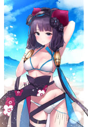 Rule 34 | 1girl, absurdres, arm behind head, arm up, bad id, bad pixiv id, bikini, blue sky, breasts, cleavage, cloud, collarbone, commentary request, cowboy shot, day, fate/grand order, fate (series), floral print, frown, goggles, goggles on head, grey eyes, groin, hair ornament, halterneck, halterneck, hand up, highres, katsushika hokusai (fate), katsushika hokusai (swimsuit saber) (fate), long hair, looking at viewer, low twintails, medium breasts, nnyo (nyonyonyonyon07), ocean, purple hair, sky, solo, standing, swimsuit, thigh strap, twintails, very long hair, white bikini