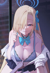 Rule 34 | 1girl, absurdres, all fours, asuna (blue archive), bare shoulders, blonde hair, blue archive, blue bow, blue bowtie, blue bra, blue eyes, blue ribbon, blush, bow, bowtie, bra, bra pull, breasts, cleavage, closed mouth, clothes pull, collarbone, come hither, eyes visible through hair, hair over one eye, hair ribbon, halo, highres, indoors, large breasts, long hair, looking at viewer, night, night sky, off shoulder, open clothes, ribbon, school uniform, seductive smile, shirt, skirt, sky, smile, sugarhigh, underwear, very long hair, white shirt