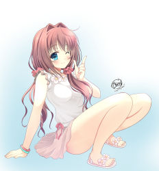 Rule 34 | 1girl, absurdres, artist name, asakura otome, blue background, blue eyes, blush, breasts, brown hair, commentary request, da capo, da capo ii, frilled sleeves, frills, gradient background, hair between eyes, hair intakes, highres, kayura yuka, looking at viewer, low twintails, one eye closed, pink skirt, sandals, scrunchie, shirt, signature, simple background, skirt, sleeveless, sleeveless shirt, small breasts, smile, solo, twintails, white background, white shirt