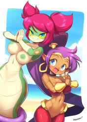 Rule 34 | 2girls, absurdres, arabian clothes, bare shoulders, blue eyes, breasts, cleft of venus, colored nipples, colored sclera, colored skin, dark-skinned female, dark skin, green nipples, green skin, harem pants, highres, lamia, large breasts, long hair, midriff, monster girl, multiple girls, navel, nestkeeper, open mouth, pants, ponytail, purple hair, pussy, red hair, shantae, shantae: half-genie hero, shantae (series), smile, snake, third-party edit, tuki (shantae), twintails, uncensored, very long hair, yellow sclera