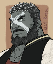 Rule 34 | 1boy, adam&#039;s apple, bara, beard, colored skin, colored tips, facepaint, facial hair, final fantasy, final fantasy xiv, forked eyebrows, full beard, grey skin, katsu 7518, looking ahead, mature male, multicolored hair, pectoral cleavage, pectorals, portrait, roegadyn, short hair, solo, streaked hair, thick beard, thick eyebrows, thick neck, warrior of light (ff14), white hair