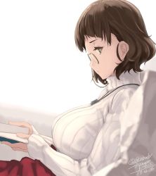 Rule 34 | 10s, 1girl, 2017, alternate costume, artist name, blanket, book, breasts, brown eyes, brown hair, closed mouth, dated, eyewear strap, from side, glasses, holding, holding book, jewelry, kantai collection, large breasts, long sleeves, looking at viewer, lying, necklace, one-piece swimsuit, open book, pillow, reading, ribbed sweater, rokuwata tomoe, roma (kancolle), short hair, sleeves past wrists, solo, sweater, swimsuit, turtleneck, turtleneck sweater, twitter username, white one-piece swimsuit, white sweater