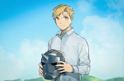 Rule 34 | 1boy, alphonse elric, blonde hair, blue sky, chinese commentary, cloud, cloudy sky, collared shirt, commentary request, day, doya, dress shirt, fingernails, fullmetal alchemist, happy, helmet, highres, holding, holding helmet, horizon, long sleeves, looking away, male focus, mountain, mountainous horizon, open collar, outdoors, shadow, shirt, sky, smile, upper body, white shirt, yellow eyes