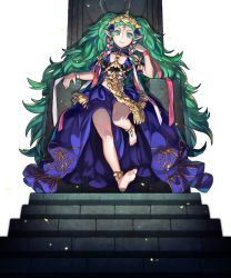 Rule 34 | 1girl, barefoot, bracelet, braid, feet, fire emblem, fire emblem: three houses, fire emblem heroes, full body, green eyes, green hair, highres, jewelry, long hair, maiponpon, matching hair/eyes, nintendo, official art, pointy ears, side braid, sitting, solo, sothis (fire emblem), sparkle, stairs, throne, tiara, transparent background, very long hair