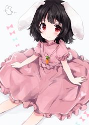 Rule 34 | 1girl, animal ears, bad id, bad pixiv id, black hair, rabbit, carrot necklace, dress, heart, heart-shaped pupils, inaba tewi, jewelry, necklace, pink dress, rabbit ears, rabbit girl, rabbit tail, red eyes, short hair, short sleeves, smile, solo, symbol-shaped pupils, tail, touhou, uguisu mochi (ykss35)