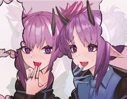 Rule 34 | 2girls, :d, arknights, black shirt, blue shirt, fang, hand up, hibiscus (arknights), highres, horns, jewelry, kava, kimoi girls (meme), lava (arknights), meme, multiple girls, open mouth, parody, pointy ears, purple background, purple eyes, purple hair, ring, shirt, short hair, siblings, simple background, sisters, smile, speech bubble, template, twintails, upper body