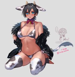 Rule 34 | 1boy, 1girl, animal ears, animal print, artist name, bell, bikini, black hair, black jacket, blue eyes, blush, breasts, cleavage, commentary request, cow ears, cow horns, cow print, cow tail, cowbell, full body, fur-trimmed jacket, fur trim, grey background, hair between eyes, halterneck, highres, horns, jacket, large breasts, long sleeves, looking at viewer, navel, open clothes, open jacket, open mouth, original, print bikini, seiza, shino yoshihisa, short hair, side-tie bikini bottom, side-tie bottom, simple background, sitting, skindentation, solo focus, stirrup legwear, stomach, swimsuit, tail, thighhighs, toeless legwear