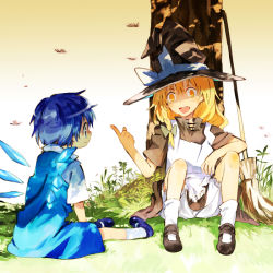 Rule 34 | 2girls, blonde hair, bloomers, blue eyes, bow, braid, broom, bug, cirno, dragonfly, dress, hair bow, hat, hat bow, ice, ice wings, insect, kirisame marisa, long hair, multiple girls, ogawa maiko, open mouth, profile, short hair, short sleeves, sitting, socks, touhou, tree, underwear, white legwear, wings, witch, witch hat, yellow eyes