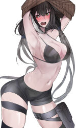 Rule 34 | 1girl, armpits, arms up, bad anatomy, bike shorts, bikini, black bikini, black hair, breasts, cleavage, girls&#039; frontline, heterochromia, highres, large breasts, long hair, looking at viewer, low twintails, midriff, multicolored hair, navel, open mouth, pouch, ribbed sweater, ro635 (girls&#039; frontline), short shorts, shorts, solo, streaked hair, swavigg, sweater, swimsuit, thigh pouch, thigh strap, twintails, undressing, unworn clothes, white background, white hair
