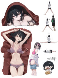Rule 34 | 1boy, 1girl, absurdres, ass, black hair, black shorts, bra, breasts, brown eyes, cheese, closed mouth, eating, eyewear on head, food, hair between eyes, highres, lying, mac star, medium breasts, multiple views, on back, on stomach, one-piece swimsuit, original, panties, pink bra, pink one-piece swimsuit, pink panties, shirt, short hair, shorts, smile, star sticker, sticker on face, sunglasses, swimsuit, underwear, underwear only, white shirt
