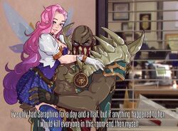 Rule 34 | 1boy, 1girl, carrying, carrying person, dark skin, english text, fairy wings, highres, holding, i&#039;ve only had arlo for a day and a half (meme), league of legends, looking at viewer, meme, muscular, muscular male, non-web source, pink hair, pyke (league of legends), rolo&#039;s art, seraphine (league of legends), wings