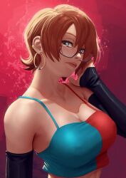 Rule 34 | 1girl, android 21, blue eyes, breasts, cleavage, detached sleeves, dragon ball, dragon ball fighterz, earrings, glasses, jewelry, large breasts, short hair, solo, tagme, zetman92
