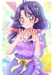 Rule 34 | 1girl, 2024, ahoge, bow, brown eyes, closed mouth, dated, hair bow, hair intakes, hair ornament, hair over shoulder, hairclip, hanzou, heart, heart hands, highres, long hair, looking at viewer, low twintails, pink shirt, precure, purple hair, purple skirt, red bow, shirt, short sleeves, skirt, smile, solo, suzumura sango, tropical-rouge! precure, twintails, twitter username, watermark, white bow, x hair ornament