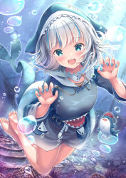 Rule 34 | 1girl, :d, air bubble, barefoot, bloop (gawr gura), blue eyes, blue hair, blue hoodie, blue nails, breasts, bubble, claw pose, collarbone, commentary request, day, drawstring, fins, fish tail, gawr gura, hands up, highres, hololive, hololive english, hood, hood up, hoodie, long sleeves, looking at viewer, multicolored hair, nail polish, open mouth, outdoors, revision, shark tail, sharp teeth, shirakawako, small breasts, smile, soles, streaked hair, tail, teeth, underwater, virtual youtuber, water