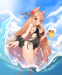 Rule 34 | 1girl, :p, absurdres, animal ears, archetto (arknights), arknights, beer mug, bird, bird ears, blue eyes, blush, breasts, center opening, clothing cutout, cloud, covered navel, cup, day, flower, hair flower, hair ornament, heterochromia, highres, holding, holding cup, long hair, looking at viewer, medium breasts, mug, navel cutout, one-piece swimsuit, outdoors, red eyes, seagull, sideboob, single wrist cuff, solo, sparkle, swimsuit, tcm bot, tongue, tongue out, wading, water, wrist cuffs