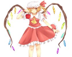 Rule 34 | 1girl, amaoto sanba, apple, arm up, ascot, blonde hair, breasts, closed mouth, collared shirt, crystal, feet out of frame, flandre scarlet, food, frilled shirt collar, frilled skirt, frilled vest, frills, fruit, hat, hat ribbon, highres, holding, holding food, holding fruit, light smile, looking at viewer, medium hair, mob cap, multicolored wings, one eye closed, one side up, puffy short sleeves, puffy sleeves, red apple, red ribbon, red skirt, red vest, ribbon, ribbon-trimmed headwear, ribbon trim, shirt, short sleeves, skirt, skirt set, sleeve ribbon, small breasts, solo, touhou, vest, white background, white hat, white shirt, wings, wrist cuffs, yellow ascot