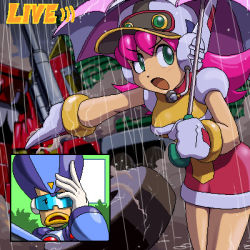Rule 34 | 1boy, 1girl, baseball cap, breasts, chest (mega man), dress, gloves, green eyes, hat, headband, headphones, headset, holding, holding umbrella, joints, leaning forward, long hair, lowres, medium breasts, mega man: battle &amp; chase, mega man (classic), mega man (series), microphone, motor vehicle, napo, news, open mouth, outstretched arm, pink hair, pink umbrella, plum (mega man), rain, red dress, reporter, robot joints, short dress, sleeveless, sleeveless dress, standing, umbrella, v-shaped eyebrows, water drop, white gloves, white headband, white headwear, yellow dress