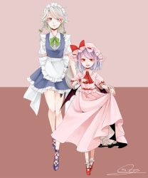 Rule 34 | 2girls, apron, arm behind back, ascot, bad id, bad pixiv id, blue eyes, blue hair, commentary request, frilled apron, frills, full body, hat, height difference, highres, izayoi sakuya, lifting own clothes, looking at viewer, maid headdress, miniskirt, mob cap, multiple girls, open mouth, pink hat, pointy ears, puffy short sleeves, puffy sleeves, red ascot, red eyes, remilia scarlet, short hair, short sleeves, skirt, smile, socks, souta (karasu no ouchi), standing, swept bangs, thighs, touhou, white hair, white legwear