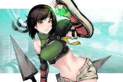 Rule 34 | 1girl, black hair, black headband, brown eyes, brown shorts, commentary, cropped sweater, english commentary, final fantasy, final fantasy vii, fingerless gloves, gloves, green sweater, headband, holding, holding orb, holding weapon, materia, medium hair, midriff, navel, open fly, parted lips, red gloves, ribbed sweater, robot cat (robotcatart), short shorts, shorts, sleeveless, sleeveless sweater, smile, solo, sweater, twintails, weapon, yuffie kisaragi