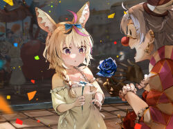 Rule 34 | 1girl, 1other, aged down, animal ears, black hair, blonde hair, blue flower, blue rose, clown, clown nose, commentary request, confetti, day, dress, earrings, flower, fox ears, fox girl, funi mu9, gloves, hat, highres, hololive, jewelry, long hair, mask, mini hat, mini top hat, multicolored hair, omaru polka, open mouth, outdoors, parted lips, pink hair, red nose, reflection, rose, streaked hair, top hat, virtual youtuber, white dress