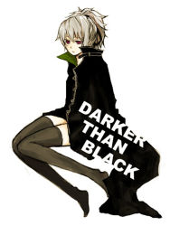 Rule 34 | 00s, 1girl, bad id, bad pixiv id, black thighhighs, buzz (moi), cape, darker than black, half-closed eyes, ponytail, red eyes, short hair, silver hair, simple background, solo, thighhighs, white background, wide ponytail, yin (darker than black)