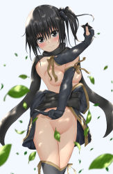Rule 34 | 1girl, areola slip, black eyes, black gloves, black hair, black kimono, black sash, black scarf, black scrunchie, blush, breasts, censored nipples, closed mouth, contrapposto, convenient censoring, elbow gloves, embarrassed, falling leaves, functionally nude, furrowed brow, gloves, hair between eyes, hair ornament, hair scrunchie, hair strand, head tilt, highres, holding, holding weapon, japanese clothes, kimono, kuchinawa (skyks), leaf, leaf censor, medium breasts, medium hair, ninja, no bra, no panties, obi, off shoulder, open clothes, open kimono, original, same-chan (kuchinawa), sash, scarf, scrunchie, short kimono, shuriken, side ponytail, simple background, solo, standing, thighhighs, topless, wavy mouth, weapon, white background