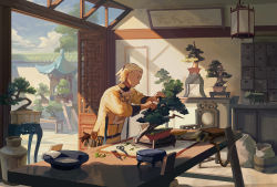 Rule 34 | 1boy, architecture, belt, blonde hair, bonsai, book, bucket, chinese clothes, day, east asian architecture, file cabinet, gloves, unworn gloves, highres, noasa, original, plant, potted plant, sack, scenery, scissors, shears, solo, standing, table, utility belt, vase