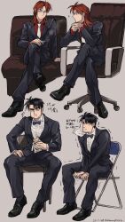 Rule 34 | 2boys, :t, black eyes, black footwear, black hair, black jacket, black pants, blazer, chair, closed eyes, closed mouth, commentary, eating, folding chair, formal, frown, full body, grey background, hand on another&#039;s chin, highres, ichijou seiya, jacket, kaiji, long hair, looking at viewer, male focus, medium bangs, multiple boys, multiple views, murakami tamotsu, necktie, office chair, pants, parted bangs, red hair, red shirt, shirt, shoes, short hair, simple background, stroking another&#039;s chin, suit, swivel chair, translation request, trembling, unknown03162, white necktie