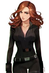 Rule 34 | 1girl, animification, avengers (series), belt, belt skirt, black widow, bodysuit, breasts, brown hair, closed mouth, cowboy shot, gloves, kadeart, lips, long hair, looking at viewer, marvel, natasha romanoff, red hair, serious, simple background, solo, thigh gap, unzipped, vambraces, wavy hair, white background, zipper