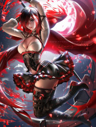 Rule 34 | 1girl, arms up, black hair, boots, breasts, cape, cleavage, cleavage cutout, clothing cutout, corset, crescent rose, frilled skirt, frills, highres, liang xing, lips, looking at viewer, medium breasts, motion blur, multicolored hair, red cape, ruby rose, rwby, scythe, short hair, signature, grey eyes, skirt, solo, thigh boots, thighhighs, thighhighs under boots, two-tone hair, watermark, web address
