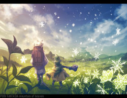Rule 34 | animal ears, backpack, bag, blue sky, clenched hand, cloud, copyright name, day, facing away, field, grass, green hair, horns, kuina (escapegoat), letterboxed, long hair, mountainous horizon, nasse piratelcer, outdoors, pixiv fantasia, pixiv fantasia mountain of heaven, scenery, sheena (mountain of heaven), sky, snowflakes, snowing, walking, white hair