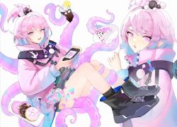 Rule 34 | 1girl, arknights, black footwear, blue hair, boots, cake, candy, cup, doughnut, fang, food, fruit, hair ornament, handheld game console, holding, holding candy, holding food, holding lollipop, iced tea, jacket, kirara (arknights), lemon, lemon slice, lollipop, monster girl, multicolored hair, multiple views, open mouth, pink eyes, pink hair, pink jacket, plate, pointy ears, scylla, short hair, tentacles, ufoliving, white background