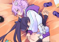 Rule 34 | 2girls, absurdres, black hair, blue ribbon, blush, choker, choujigen game neptune, closed eyes, finger to mouth, hair ornament, hairpin, handheld game console, highres, hood, hooded jacket, hug, jacket, light smile, long hair, looking at viewer, looking to the side, lying, multiple girls, neptune (neptunia), neptune (series), noel (pixiv5459099), noire (neptunia), on bed, on side, playstation portable, purple eyes, purple hair, ribbon, short hair, sleeping, striped clothes, striped thighhighs, thighhighs, twintails, white choker, yuri