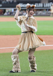 Rule 34 | 1girl, baseball stadium, brown skirt, hokkaido nippon-ham fighters, kitsune dance, nippon professional baseball, photo (medium), skirt, tagme