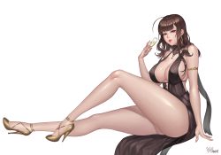 Rule 34 | 1girl, ahoge, alcohol, armlet, artist name, bad id, bad pixiv id, bare shoulders, black dress, black ribbon, blunt bangs, breasts, brown hair, center opening, champagne, champagne flute, covered erect nipples, cup, dress, drinking glass, dsr-50 (girls&#039; frontline), dsr-50 (highest bid) (girls&#039; frontline), earrings, gem, girls&#039; frontline, gold footwear, high heels, highres, invisible chair, jewelry, karmiel, large breasts, legs, lips, long hair, long legs, looking at viewer, no bra, official alternate costume, parted lips, red eyes, red lips, ribbon, shoes, sideboob, sitting, solo, strap gap, thick thighs, thighs, underbust, very long hair, yellow footwear