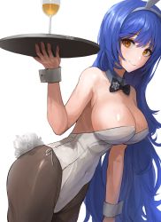 Rule 34 | 1girl, absurdres, animal ears, black bow, black bowtie, black pantyhose, blue hair, bow, bowtie, breasts, chan1moon, commission, cup, detached collar, drinking glass, fake animal ears, girls&#039; frontline, highres, holding, holding tray, large breasts, leotard, long hair, official alternate costume, pantyhose, pixiv commission, playboy bunny, rabbit ears, rabbit tail, side-tie leotard, solo, strapless, strapless leotard, tail, tar-21 (girls&#039; frontline), tar-21 (night at the bar) (girls&#039; frontline), tray, white leotard, wrist cuffs, yellow eyes