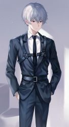 Rule 34 | 1boy, absurdres, bad id, bad pixiv id, belt, black belt, black jacket, black necktie, black pants, chest harness, closed mouth, collared shirt, commentary, cowboy shot, facing viewer, formal, grey hair, hair between eyes, hands in pockets, harness, highres, huge filesize, jacket, long sleeves, looking to the side, male focus, necktie, original, pants, purple eyes, shirt, short hair, solo, standing, suit, tokkyu, white shirt, wing collar