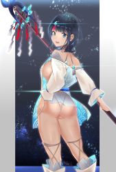 Rule 34 | 1girl, absurdres, ass, back, bare shoulders, black hair, blue eyes, blue ribbon, blunt bangs, blush, breasts, dress, fate/grand order, fate/requiem, fate (series), fundoshi, grey background, hand on own hip, highres, japanese clothes, large breasts, long sleeves, looking at viewer, looking back, magatama, magatama hair ornament, medium hair, multicolored hair, nakagawa kanon (pixiv32798535), open mouth, polearm, puffy long sleeves, puffy sleeves, ribbon, seigaiha, short dress, sideboob, sideless outfit, smile, spear, streaked hair, thighs, two-sided fabric, two-sided skirt, utsumi erice, weapon, white legwear
