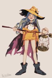 Rule 34 | 1girl, alternate costume, alternate hair length, alternate hairstyle, bare legs, birdcage, black bow, black cape, black footwear, black nails, blunt bangs, blush, boots, bow, bright pupils, broom, cage, cape, commentary, dated, fujii tomo, green hair, hat, hat bow, high collar, highres, holding, holding behind back, holding cage, idolmaster, idolmaster cinderella girls, imay3927, key, long hair, looking at viewer, mouse (animal), open mouth, robe, robe partially removed, rope belt, shirt, sidelocks, sleeveless, sleeveless shirt, solo, symbol-only commentary, torn cape, torn clothes, torn hat, wavy hair, white pupils, white shirt, wide-eyed, witch, witch hat, yellow eyes, yellow hat, yellow robe