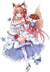 Rule 34 | 1girl, alternate hair length, alternate hairstyle, animal ear fluff, animal ears, bare shoulders, blush, breasts, bridal veil, cleavage, clothing cutout, collarbone, detached sleeves, fang, fate (series), flower, fox ears, fox girl, fox mask, fox tail, full body, hair ornament, large breasts, long hair, looking at viewer, mask, navel, navel cutout, one eye closed, open mouth, origami, paper crane, pink hair, simple background, smile, solo, tail, tamamo (fate), tamamo no mae (fate/extra), tears, usagihime, veil, very long hair, white background, white legwear, yellow eyes